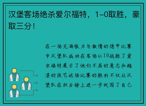 汉堡客场绝杀爱尔福特,1-0取胜,豪取三分!